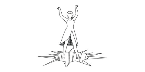 Strong woman breaks through ground, celebrating victory triumph