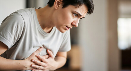 Woman experiencing sharp chest pain, clutching her chest in worry and discomfort, seeking relief from sudden heart issue or anxiety attack at home