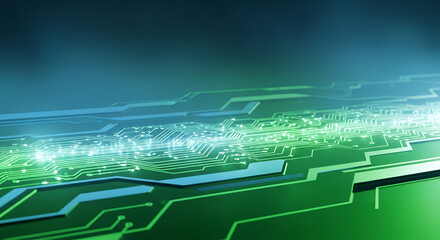 Technology Circuit Board: An intricate circuit board pulses with electric energy, its pathways glowing with data transmission. It illustrates cutting-edge innovation