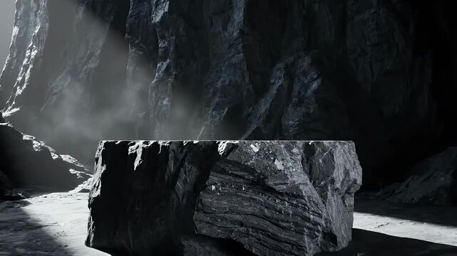 A dramatic and mysterious scene unfolds within a dark, rugged cavern, illuminated by ethereal shafts of light breaking through the gloom. A massive, rough-hewn stone pedestal or display platform stand
