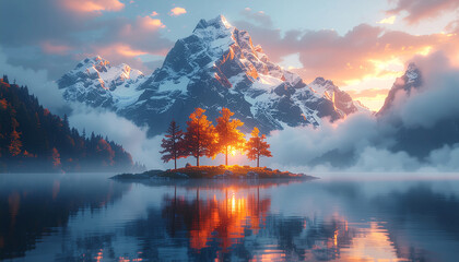Scenic view of a small island with trees reflecting in a lake, with snow-capped mountains and a cloudy sky in the background.