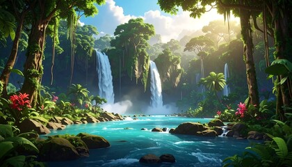 Lush rainforest scene with cascading waterfalls flowing into a bright turquoise pool under a sunny sky