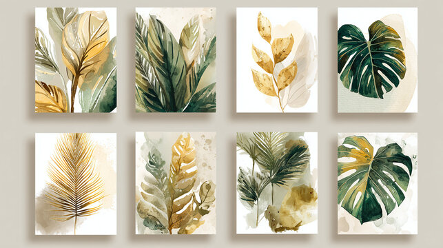 Watercolor paintings of diverse botanical elements, showcasing vibrant leaves and elegant design