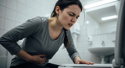 Woman experiencing stomach pain and discomfort in bathroom, seeking relief from menstrual cramps or digestive issues in a moment of vulnerability