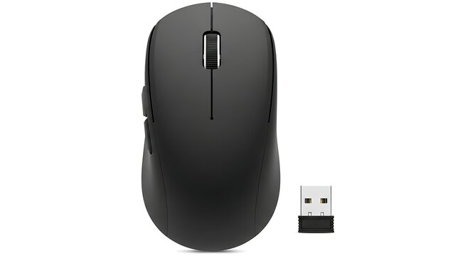 Modern black wireless computer mouse with usb receiver on white background