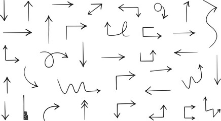 Extensive collection of hand-drawn doodle arrows featuring various shapes, directions, twists, and lines for illustrating movement, navigation, and flow.