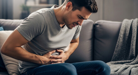 Man experiences stomach cramps on the sofa, feeling discomfort and needing pain relief, ideal for health and wellness campaigns about digestive health