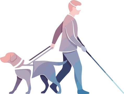 Illustration of a blind man walking with a guide dog on a leash in a minimalist style with a white background.