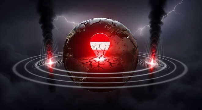 Dramatic earth globe with Austria flag, earthquake, and storm creating a visually striking and powerful concept for global issues and climate change