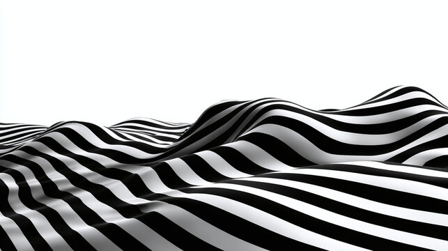 A black and white abstract wave pattern, designed with lines, creates a dynamic illusion, evoking a sense of movement and visual interest