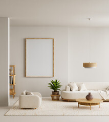 Neutral materials and soft lighting highlight a clean poster frame mock-up within this serene interior, offering natural text space and a calming arrangement defined by warm wood accents 