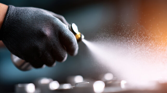 Close up of hand in black glove spraying protective spray on engine component with mist and light flare