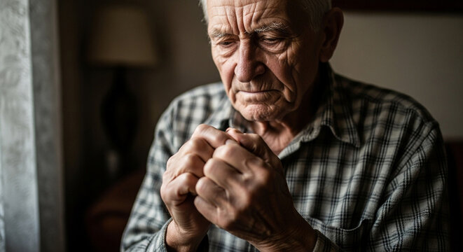 Thoughtful senior man reflects on life with clasped hands in quiet contemplation, portrait of aging, loneliness, and somber reflection on memories