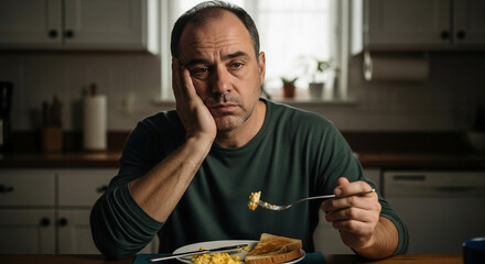 Feeling down? Middle aged man with sad expression eats breakfast alone in a dimly lit kitchen, conveying loneliness, depression, and difficult mornings.