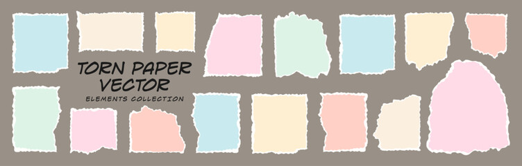 Obraz premium Vector set of colorful, realistic torn paper pieces and ripped note sheets with tear, rip, broken, cut strip tag effects. Notice page texture, notepad sheets, scraps of notebook page, with torn edges
