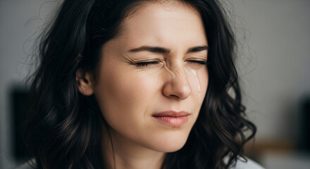 Emotional woman shedding a tear, feeling heartbroken and vulnerable, perfect for conveying sadness, grief, and loss in advertising or editorial contexts