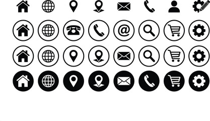 Comprehensive collection of black and white web, app, and interface icons for contact, navigation, user profile, shopping, settings, and information symbols.