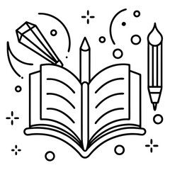 Open book with pencil and quill illustrating creativity and learning journey