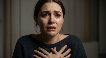 Heartbroken woman with tears streaming down her face, conveying deep sadness and vulnerability, suitable for mental health awareness campaigns