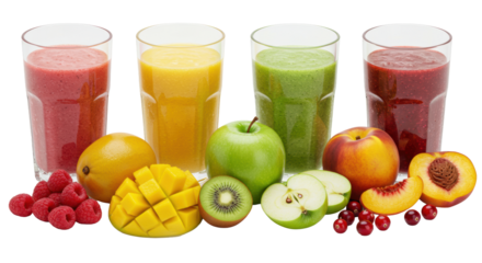 Six colorful fruit smoothies (pink, yellow, green, orange, red) in clear glasses, with corresponding fresh fruit, pristine studio high key still life, macro detail. Concept for healthy juice