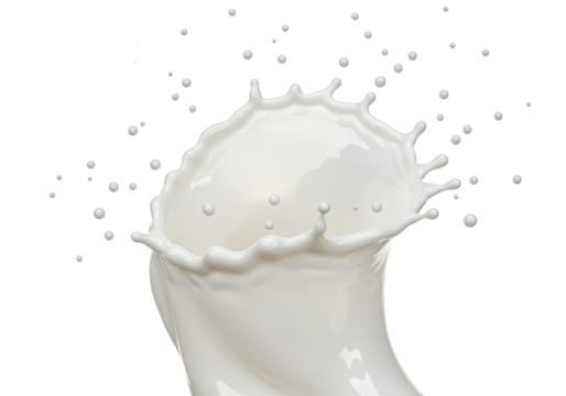 Ultra-photorealistic milky white viscous fluid forming a dynamic coronet splash with suspended spherical satellite droplets. Macro backlighting against a seamless transparent studio background with - Powered by Adobe