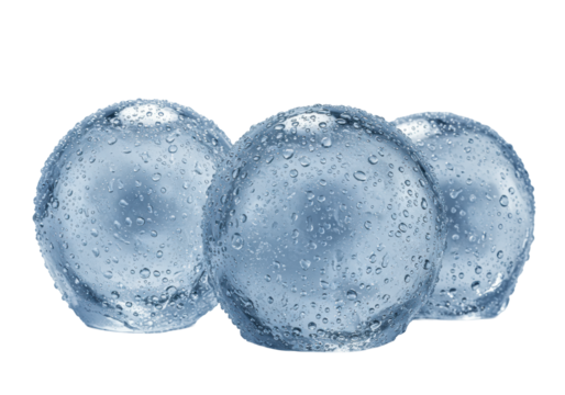 three perfectly clear ice spheres covered in hyper-detailed micro-droplets and condensation, macro shot on a stark white background with cool blue reflection. concept for luxury beverage advertising