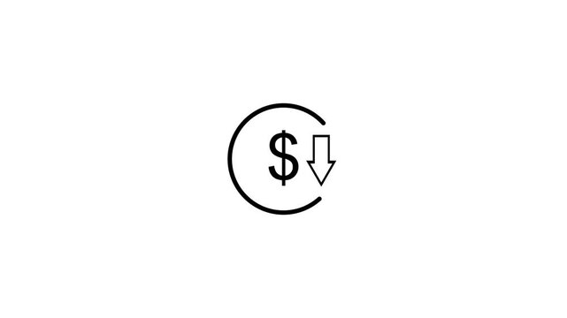Money reduction icon. Dollar currency price drop concept. circle with down arrow moving animation.4k video