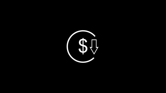 Money reduction icon. Dollar currency price drop concept. circle with down arrow moving animation.4k video