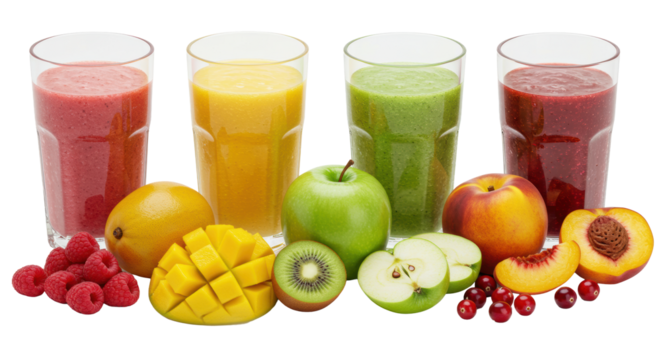 Six colorful fruit smoothies (pink, yellow, green, orange, red) in clear glasses, with corresponding fresh fruit, pristine studio high key still life, macro detail. Concept for healthy juice