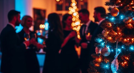 Elegant christmas party people socializing near a decorated tree with festive lights