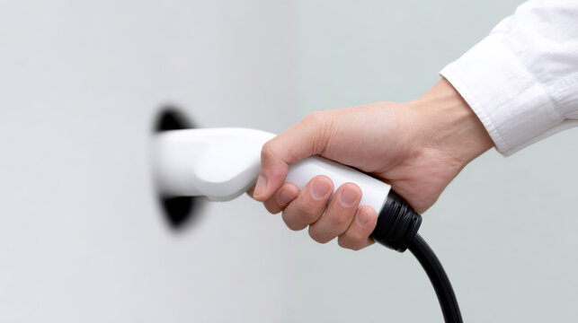 Close up of hand disconnecting electric vehicle charging cable from wall socket with white background and soft lighting