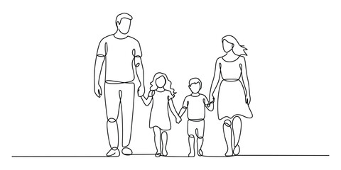 Continuous line drawing of a family walking together holding hands