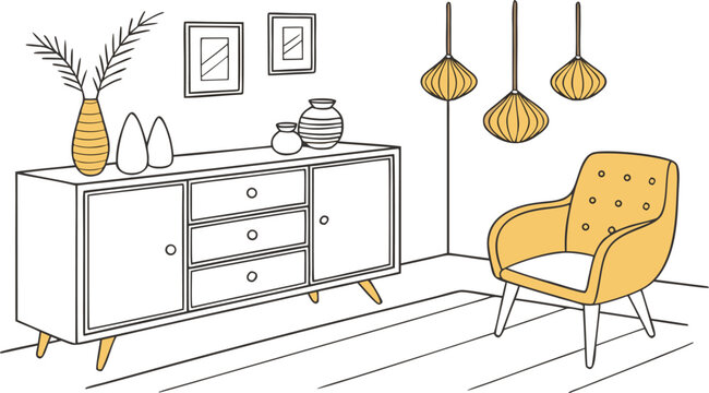 Interior . A stylish modern interior scene featuring a mid-century wooden sideboard with clean lines, three drawers, and open shelves. Decorative objects on top include minimalist ceramic vases.