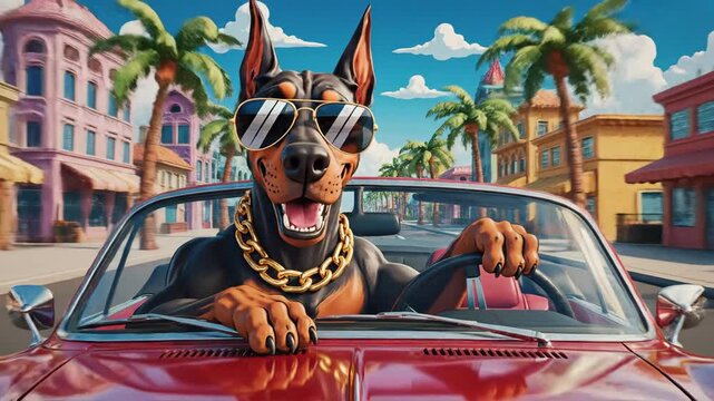 Animated doberman pinscher in sunglasses driving convertible car with sunny background