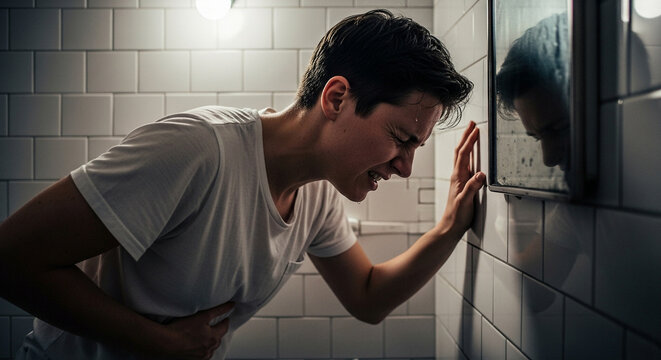 Stressed person gripping stomach in bathroom, feeling sick and nauseous, struggling with illness, seeking relief, health concern, digestive problem