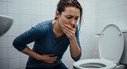Feeling unwell woman experiencing nausea in bathroom, seeking relief from sickness and digestive upset, health concerns and medical themes, illness and discomfort