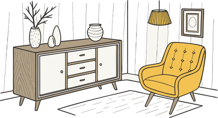 Interior . A stylish modern interior scene featuring a mid-century wooden sideboard with clean lines, three drawers, and open shelves. Decorative objects on top include minimalist ceramic vases.