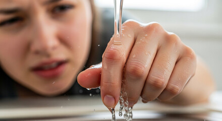 Running water over a finger for first aid or hygiene, promoting cleanliness and health, perfect for healthcare and wellness campaigns