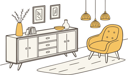 Interior . A stylish modern interior scene featuring a mid-century wooden sideboard with clean lines, three drawers, and open shelves. Decorative objects on top include minimalist ceramic vases.