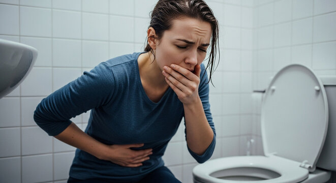 Feeling unwell woman experiencing nausea in bathroom, seeking relief from sickness and digestive upset, health concerns and medical themes, illness and discomfort