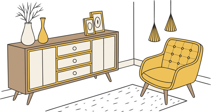 Interior . A stylish modern interior scene featuring a mid-century wooden sideboard with clean lines, three drawers, and open shelves. Decorative objects on top include minimalist ceramic vases.