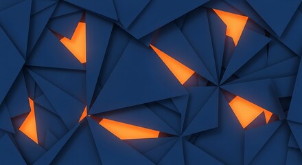 Intricate geometric abstraction with navy polygons and luminous fissures