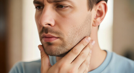Concerned man checking his skin in mirror, perhaps after shaving or noticing a blemish, conveying worry, health, beauty, and self-care themes
