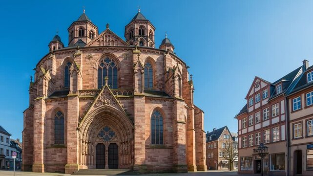 Majestic cathedral with ornate gothic architecture, featuring spires, arched windows, and intricate stonework
