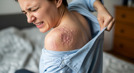 Woman experiences painful shingles rash on shoulder causing discomfort and distress, seeking relief from skin irritation and viral infection symptoms