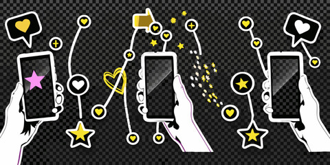 Hands holding smartphones with social media icons on a transparent background