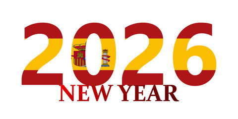 Happy New Year 2026 greeting card with the numbers filled with the Spanish flag texture on a white background.
