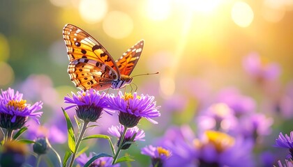 Monarch butterfly delicately perched on a vibrant purple flower amidst a field, bathed in golden sunlight