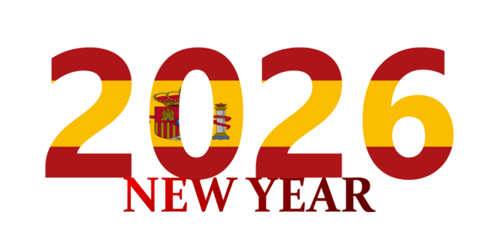 Happy New Year 2026 greeting card with the numbers filled with the Spanish flag texture on a white background.