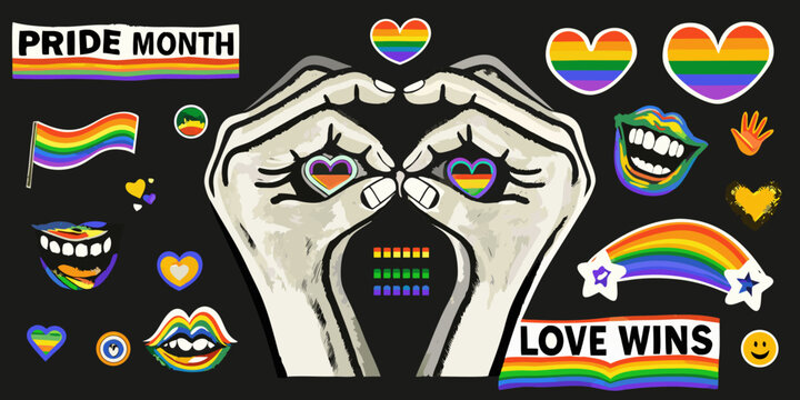 Pride month celebration with rainbow colors and love wins message on black - Powered by Adobe